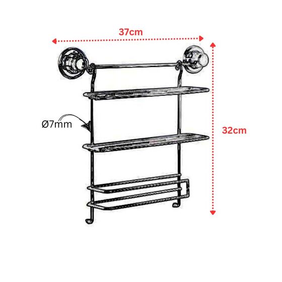 TEKNO-TEL Πολυθήκη Κουζίνας 37x8x32cm Πάχος Ø7mm Αντοχή 12kg Επιχρωμιωμένο Ατσάλι με Βεντούζα EXTRA STRONG
