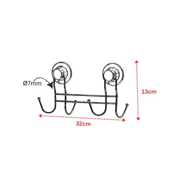 TEKNO-TEL Άγκιστρο-Κρεμάστρα Μπάνιου 4 Θέσεων 32x5x13cm Πάχος 7mm Αντοχή 12kg Επιχρωμιωμένο Ατσάλι με Βεντούζα EXTRA STRONG