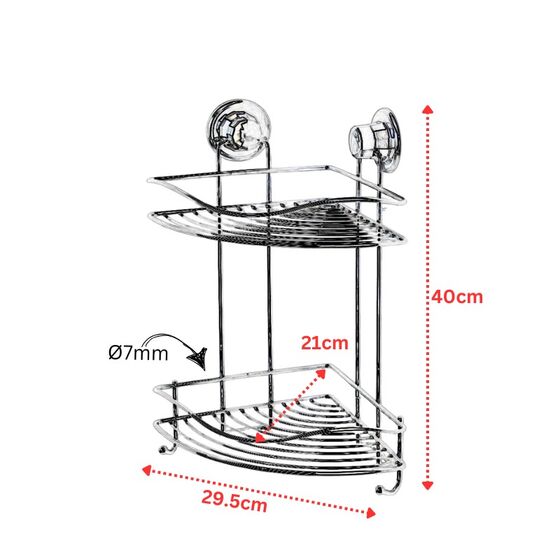 TEKNO-TEL Γωνιακή Ραφιέρα Μπάνιου 2όροφη 29.5x21x40cm Πάχος 7mm Αντοχή 12kg Επιχρωμιωμένο Ατσάλι με Βεντούζα EXTRA STRONG