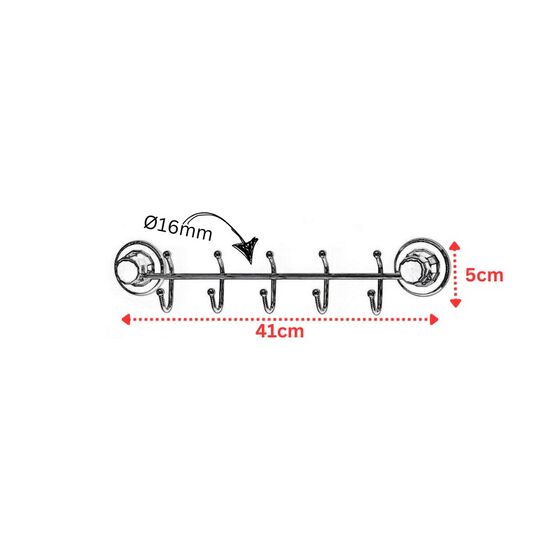 TEKNO-TEL Ράγα Κουζίνας με 5 Γάντζους Μήκος 40cm Ø16cm Επιχρωμιωμένο Ατσάλι με Βεντούζα EXTRA STRONG