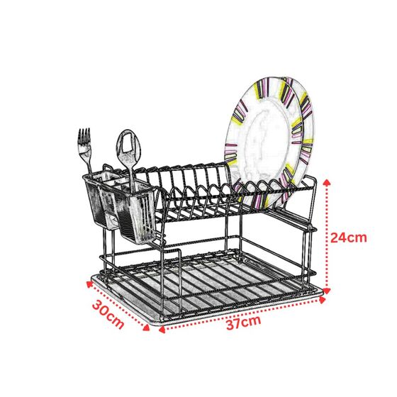 TEKNO-TEL Πιατοθήκη Στεγνωτήριο Αποσπώμενο INOX (Ανοξείδωτο Ατσάλι) 37x30x24cm 2όροφο Βάρος 1.5kg 13 Θέσεις Πιάτων με Θήκη και Δίσκο Μαύρο Matt