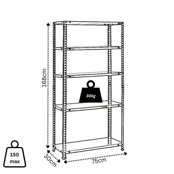 VESTA Μεταλλική Γαλβανιζέ Ραφιέρα Dexion 5όροφη 75x30x168cm 7.8kg MAX Αντοχή 150kg (30kg / Ράφι) Μαύρη