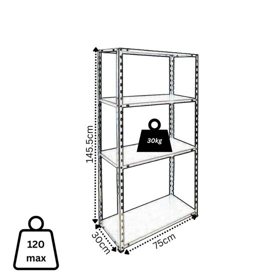 VESTA Μεταλλική Γαλβανιζέ Ραφιέρα Dexion 4όροφη 75x30x145.5cm 5kg MAX Αντοχή 120kg (30kg / Ράφι) Μαύρη