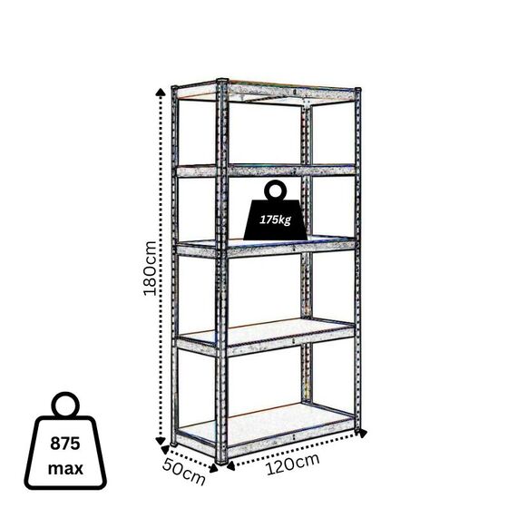 VESTA Μεταλλική Γαλβανιζέ Ραφιέρα Dexion 5όροφη 120x50x180cm με Μοριοσανίδες Πάχους 4mm 15.5kg Πάχος Δοκών 0.7mm MAX Αντοχή 875kg (175kg / Ράφι) Μαύρη