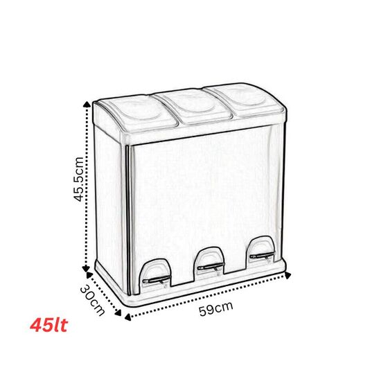 VESTA Κάδος Απορριμμάτων ΙΝΟΧ 45lt (3x15lt) 59x30x45.5cm με Πεντάλ 3 Θέσεων 3 Εσωτερικούς Κάδους Ανακύκλωσης 6.4Kg Κουζίνας