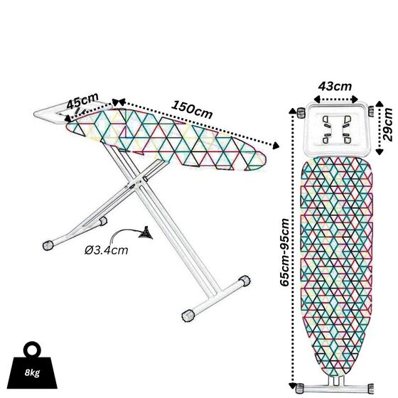 Σιδερώστρα Ατμού XL 150x45x65-95cm Μεταλλική με Επιφάνεια Σιδερώματος 120x45cm 8Kg Σχάρα 43x29cm  Διάμετρος Ποδιού Ø34mm PASSAT FLORAL SWIRLS