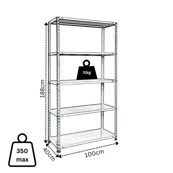 BIZZOTTO ITALY Μεταλλική Ραφιέρα Dexion 5όροφη 100x40x188cm 13.65kg MAX Αντοχή 350kg Μαύρη KIT(02B200N)