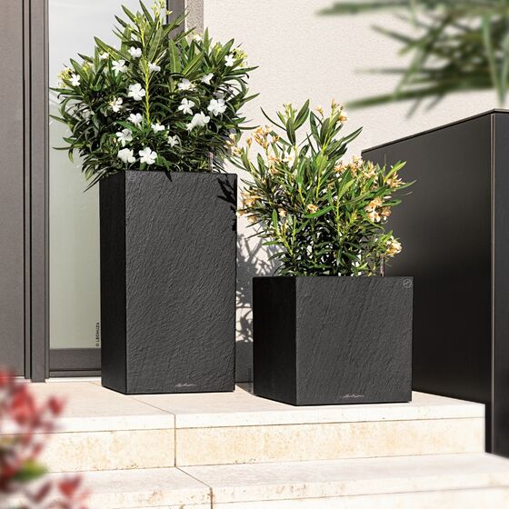LECHUZA Canto Slatestone High 30 Επιδαπέδια Γλάστρα 30x30x56cm Αυτοποτιζόμενη με Δοχείο Dark Grey όψη Σχιστόλιθου Γερμανίας