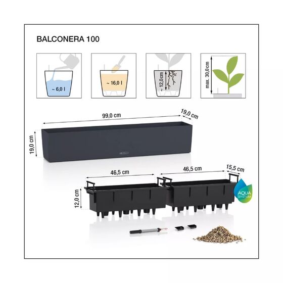 LECHUZA Balconera Stone 100 Ζαρντινιέρα 100x19x19cm Αυτοποτιζόμενη με Δοχείο Φύτευσης Graphite Black Γερμανίας