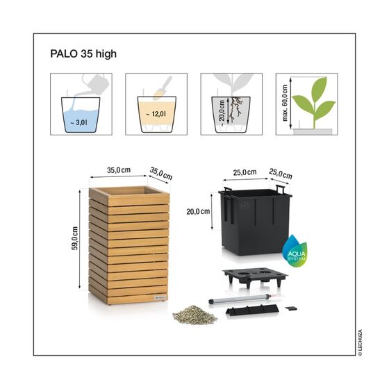 LECHUZA PALO Natural Wood High 35  Επιδαπέδια Γλάστρα 35x35x59cm Αυτοποτιζόμενη με Δοχείο Φυσικό Ξύλο Ευκαλύπτου