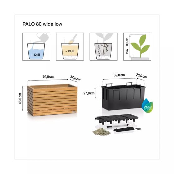 LECHUZA PALO Natural Wood Wide 80 Low  Επιδαπέδια Γλάστρα 79x37x46cm Αυτοποτιζόμενη με Δοχείο Φυσικό Ξύλο Ευκαλύπτου