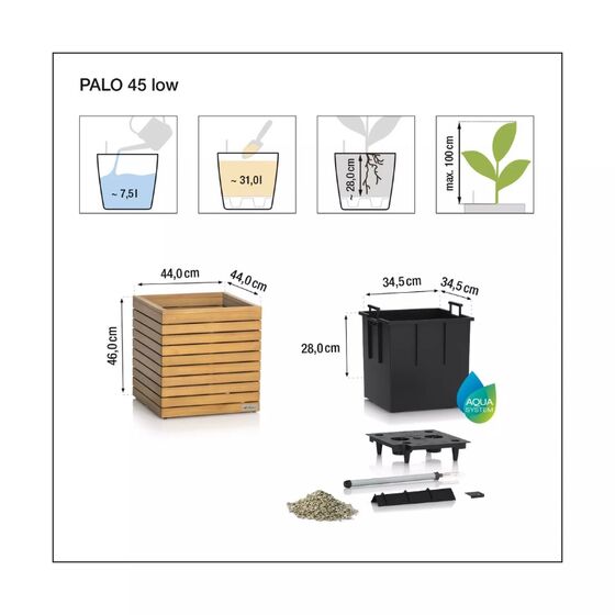 LECHUZA PALO Natural Wood Low 45 Επιδαπέδια Γλάστρα 44x44x46cm Αυτοποτιζόμενη με Δοχείο Φυσικό Ξύλο Ευκαλύπτου