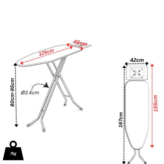 Σιδερώστρα Ατμού XL 155x45x95cm Μεταλλική με Επιφάνεια Σιδερώματος 125x45cm 7Kg Σχάρα 42x30cm Διάμετρος Ποδιού Ø34mm PEARL SILVER