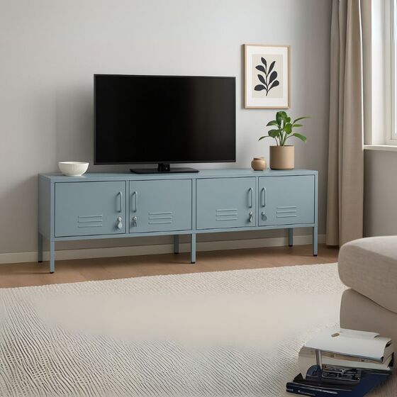 STEELEN COLOR Μεταλλικό Ντουλάπι -Έπιπλο Τηλεόρασης 160x45x55cm Πάχους 0.7mm Εσωτερικού Χώρου με Πόδια Baby Blue