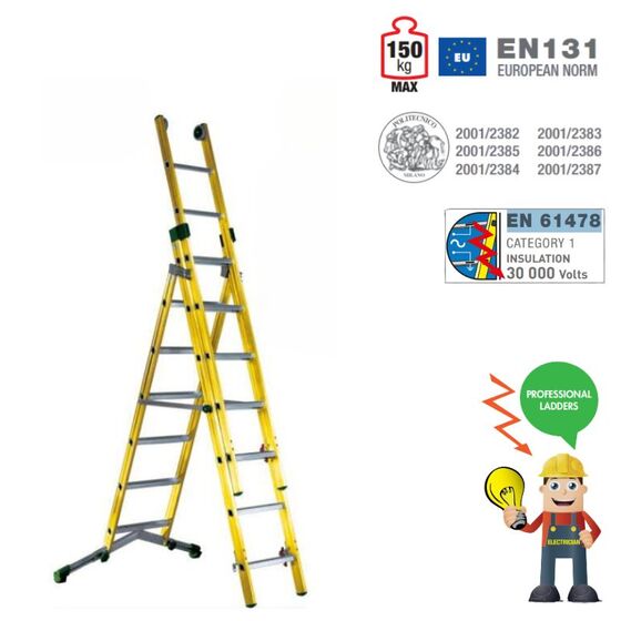 Σκάλα Fiberglass 3X8 (7+8+8) Επαγγελματική Σκαλιά Αλουμινίου Μόνωση ΜΑΧ Ύψος 5.65cm Βάρος 22kg MAX Αντοχή 150kg Πιστοποίηση EN131 TUV EN 61478