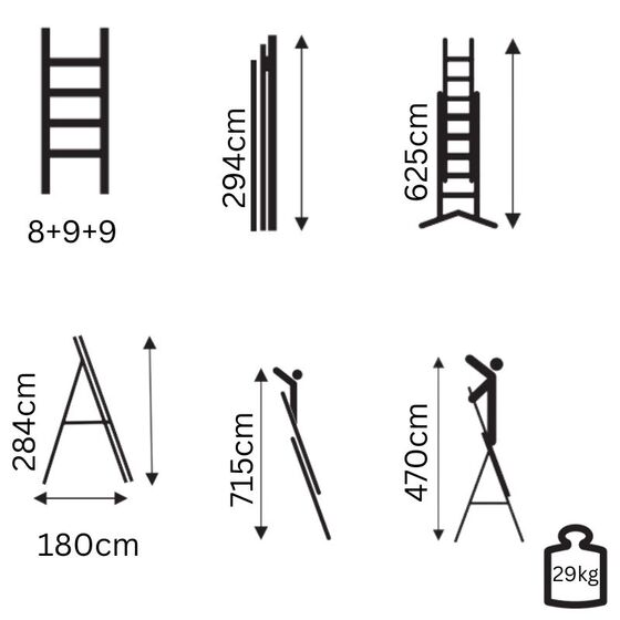 Σκάλα Fiberglass 3X9 (8+9+9) Επαγγελματική Σκαλιά Αλουμινίου Μόνωση ΜΑΧ Ύψος 6.25cm Βάρος 29kg MAX Αντοχή 150kg Πιστοποίηση EN131 TUV EN 61478