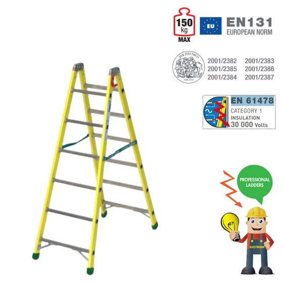 Σκάλα Fiberglass Διπλή-Σχήμα ''Λ'' (6+6) Επαγγελματική Σκαλιά Αλουμινίου Μόνωση ΜΑΧ Ύψος 156.7cm Βάρος 9kg MAX Αντοχή 150kg Πιστοποίηση EN131 TUV EN 61478