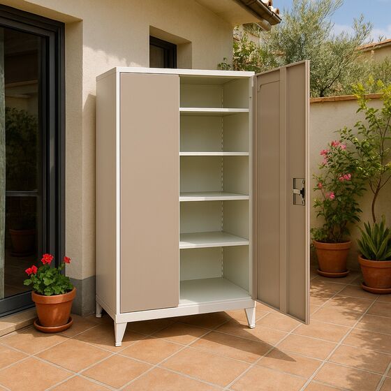 STEELEN Metal Wardrobe 90x45x191cm Thickness 0.6mm/0.8mm (floor) Galvanized with 4 Shelves and Adjustable Legs - 5 Storage Spaces Taupe-Beige