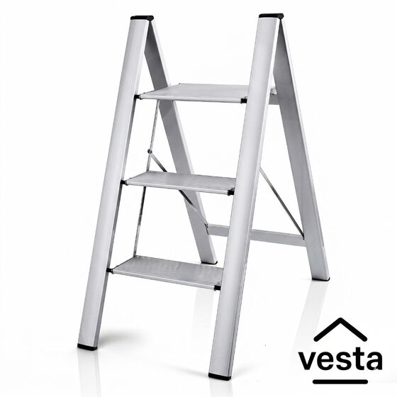 VESTA Σκαλοσκαμπό Αλουμινίου 39x69.7x85cm με 3 Σκαλιά MAX Αντοχή Βάρους 150kg Βάρος 2.7kg Ασημί