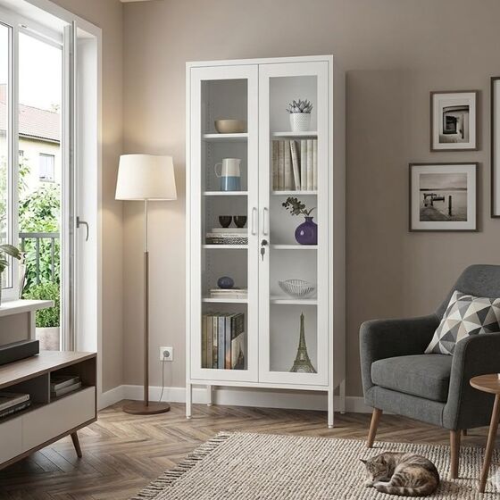 STEELEN COLOR Μεταλλική Ντουλάπα - Βιβλιοθήκη 80x35x190cm Πάχους 0.8mm Εσωτερικού Χώρου με Τζάμι και Πόδια White