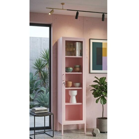 STEELEN COLOR Μεταλλική Ντουλάπα - Βιβλιοθήκη  50x35x190cm Πάχους 0.8mm Εσωτερικού Χώρου με Πόδια με Τζάμι Baby Pink