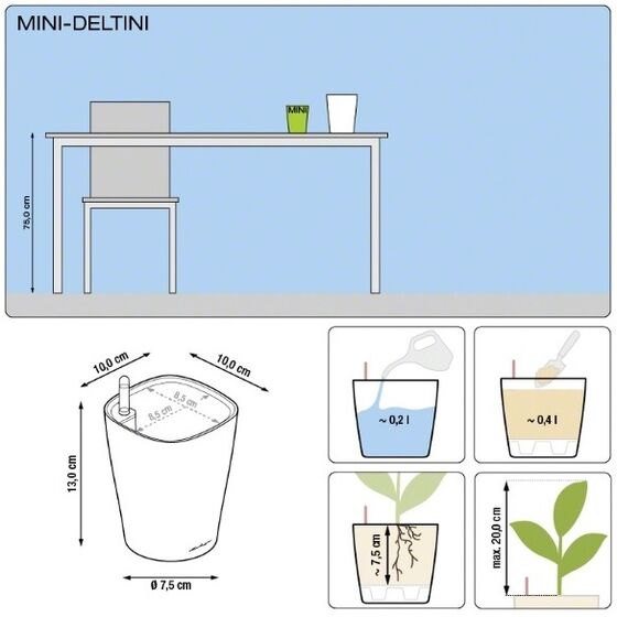 LECHUZA Mini Deltini Επιτραπέζια Γλάστρα 10x10x13cm Αυτοποτιζόμενη με Δοχείο Φύτευσης Basalt Grey Ματ Γερμανίας