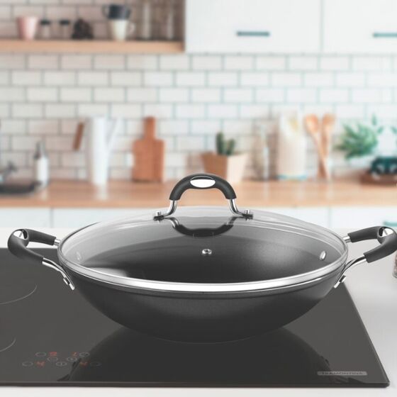 TRAMONTINA Τηγάνι WOK Αντικολλητικό Monaco με Γυάλινο Καπάκι Ø33.1x17.2cm 4.5L Αντοχή Starflon Premium 2.15kg