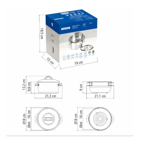 TRAMONTINA Σετ Ατμού & Κουσκούς Solar Induction Ø18x13.2cm 2 Τεμαχίων Ανοξείδωτο Ατσάλι με Τριπλή Βάση 1.23kg