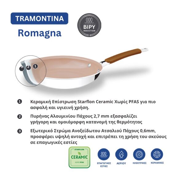TRAMONTINA Βαθύ Τηγάνι Romagna με Καπάκι Ø24 από Ανοξείδωτο Ατσάλι & Αλουμίνιο με Κεραμική Επίστρωση - 3.1lt Ivory