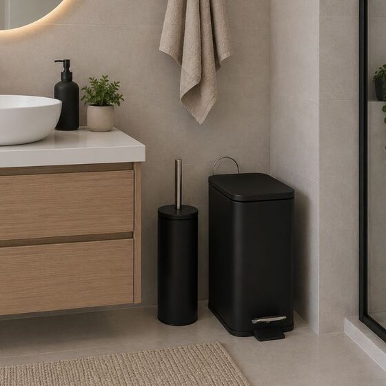 VESTA Σετ Κάδος Μπάνιου 5lt Ορθογώνιος 29x14x30cm με Πεντάλ Soft Close Εσωτερικό Κάδο και Πιγκάλ 9.5x9.5x38.5cm Μεταλλικό Μαύρο Matte
