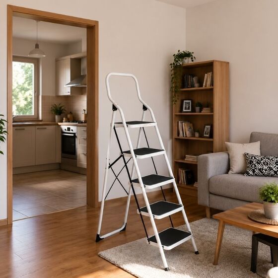 VESTA Σκαλοσκαμπό Μεταλλικό 48x92x158cm με 5 Σκαλιά MAX Αντοχή 150kg Βάρος 10.2kg PLUS Λευκό LY305