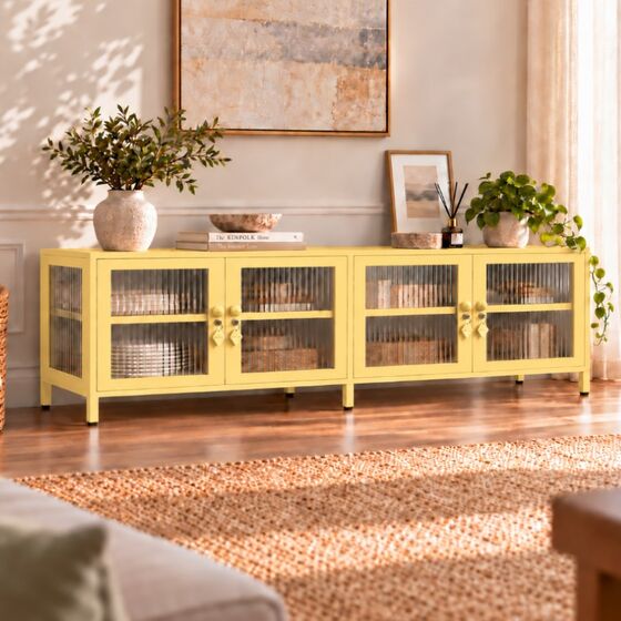 STEELEN COLOR Μεταλλικό Ντουλάπι - Έπιπλο Τηλεόρασης 160x45x55cm Πάχους 0.8mm Εσωτερικού Χώρου Βιτρίνα με Πόδια και Τζάμι Butter Yellow