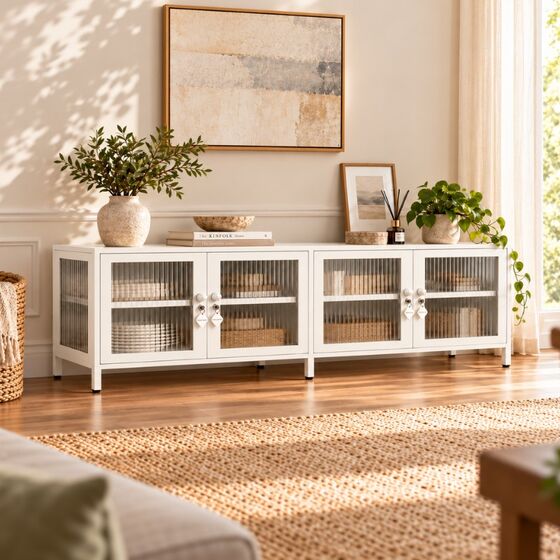 STEELEN COLOR Μεταλλικό Ντουλάπι - Έπιπλο Τηλεόρασης 160x45x55cm Πάχους 0.8mm Εσωτερικού Χώρου Βιτρίνα με Πόδια και Τζάμι White