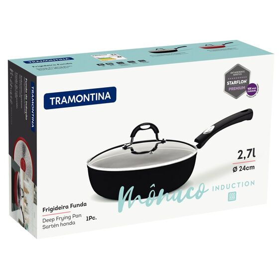 TRAMONTNA Βαθύ Τηγάνι Monaco Ø24 με Αντικολλητική επίστρωση Starflon Premium και Γυάλινο Καπάκι - 2.7lt Μαύρο