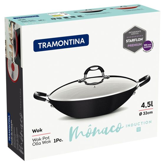 TRAMONTINA WOK Τηγάνι Monaco Induction Ø32 με Αντικολλητική επίστρωση Starflon Premium και Γυάλινο Καπάκι - 4.5lt Μαύρο