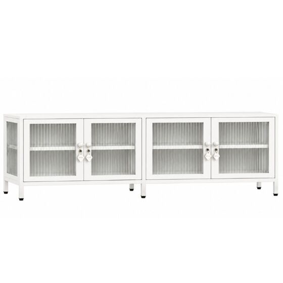 STEELEN COLOR Μεταλλικό Ντουλάπι - Έπιπλο Τηλεόρασης 160x45x55cm Πάχους 0.8mm Εσωτερικού Χώρου Βιτρίνα με Πόδια και Τζάμι White