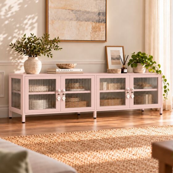 STEELEN COLOR Μεταλλικό Ντουλάπι - Έπιπλο Τηλεόρασης 160x45x55cm Πάχους 0.8mm Εσωτερικού Χώρου Βιτρίνα με Πόδια και Τζάμι Baby Pink