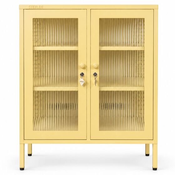 STEELEN COLOR Μεταλλική Ντουλάπα 100x40x70cm Πάχους 0.8mm Εσωτερικού Χώρου Βιτρίνα με Τζάμι και Πόδια Butter Yellow