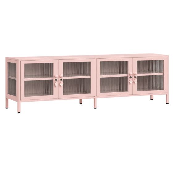 STEELEN COLOR Μεταλλικό Ντουλάπι - Έπιπλο Τηλεόρασης 160x45x55cm Πάχους 0.8mm Εσωτερικού Χώρου Βιτρίνα με Πόδια και Τζάμι Baby Pink