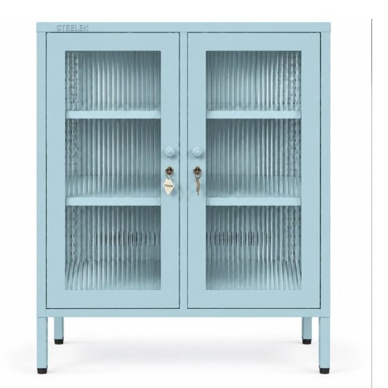 STEELEN COLOR Μεταλλική Ντουλάπα 80x40x90cm Πάχους 0.8mm Εσωτερικού Χώρου Βιτρίνα με Τζάμι και Πόδια Baby Blue