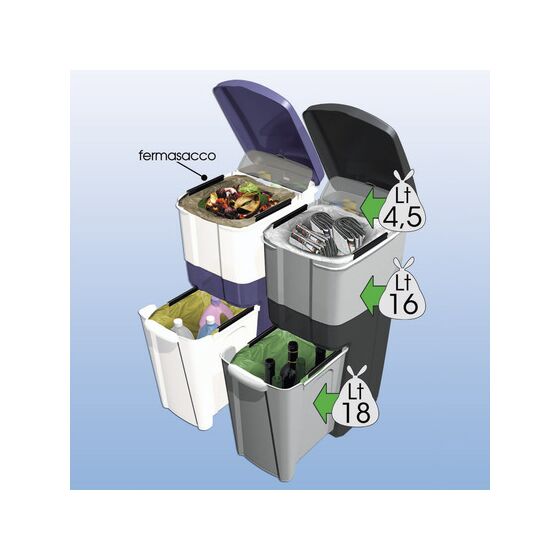 BAMA Ιταλίας Κάδος Ανακύκλωσης Απορριμμάτων 28x39x70cm Τριπλός Πλαστικός Κουζίνας 38.5lt Λευκό-Ανοιχτό Γκρι 2.5kg