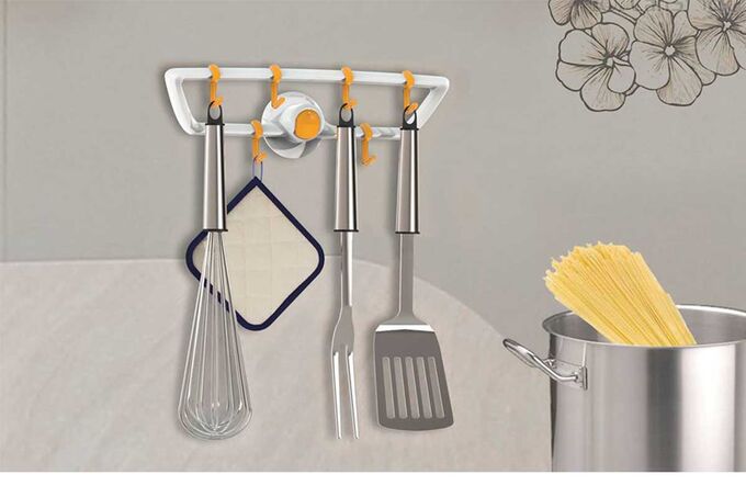 Κρεμάστρα Κουζίνας με 8 γάντζους 29.3x8.1x9.4cm Πλαστική Επιτοίχια Λευκή-Καφέ BAMA Ιταλίας