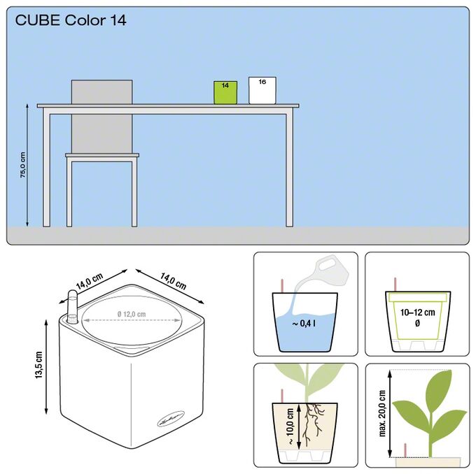 LECHUZA Cube Color14 Επιτραπέζια Γλάστρα 14x14x13.5cm Αυτοποτιζόμενη με Δοχείο ΑΝΘΡΑΚΙ Γερμανίας RedDot Award 2014German Design Award 2016