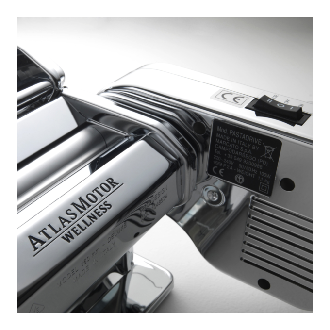 Marcato ATLASMOTOR Μηχανή Φύλλου και Ζυμαρικών με Μοτέρ Ηλεκτρικό 220V 32x20x15.5cm Επιχρωμιωμένο Ατσάλι Διαιρούμενη MAX Πλάτος Ζύμης 15cm Βάρος 4.30kg Ιταλίας