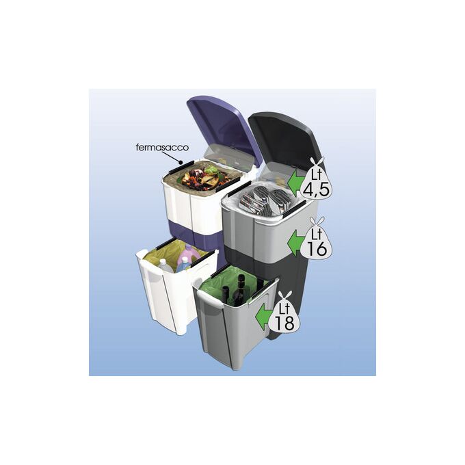Κάδος Ανακύκλωσης Απορριμάτων 28x39x70cm Τριπλός Πλαστικός Κουζίνας 38.5lt Λευκό-Καφέ Σκούρο 2.5kg