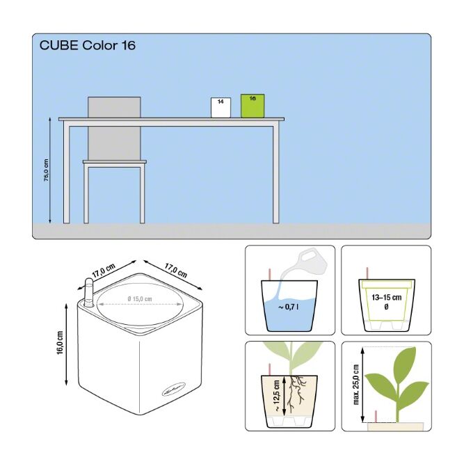 LECHUZA Cube Color16 Επιτραπέζια Γλάστρα 17x17x16cm Αυτοποτιζόμενη με Δοχείο ΑΝΘΡΑΚΙ Γερμανίας RedDot Award 2014German Design Award 2016