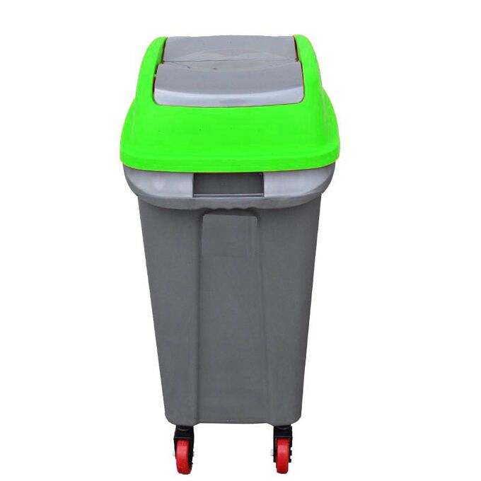 PLANET Κάδος Απορριμάτων 70lt 47x35x77cm 3kg Πλαστικός Επαγγελματικός/Οικιακός με Παλλόμενο Άνοιγμα και 4 Ρόδες Γκρι-Πράσινο