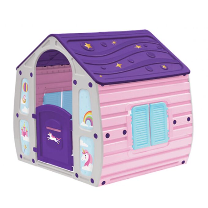 STARPLAY Παιδικό Σπιτάκι Κήπου 102x90x109cm Ροζ-Γκρί με Μωβ Σκεπή UNICORN MAGICAL HOUSE